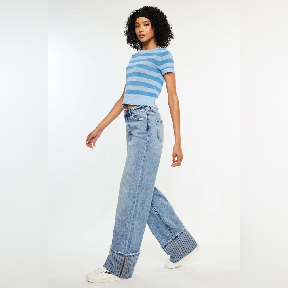 NWT KanCan High Rise Wide Leg Jeans Stripe Cuff Size 29 Medium Wash Flare - Picture 4 of 7